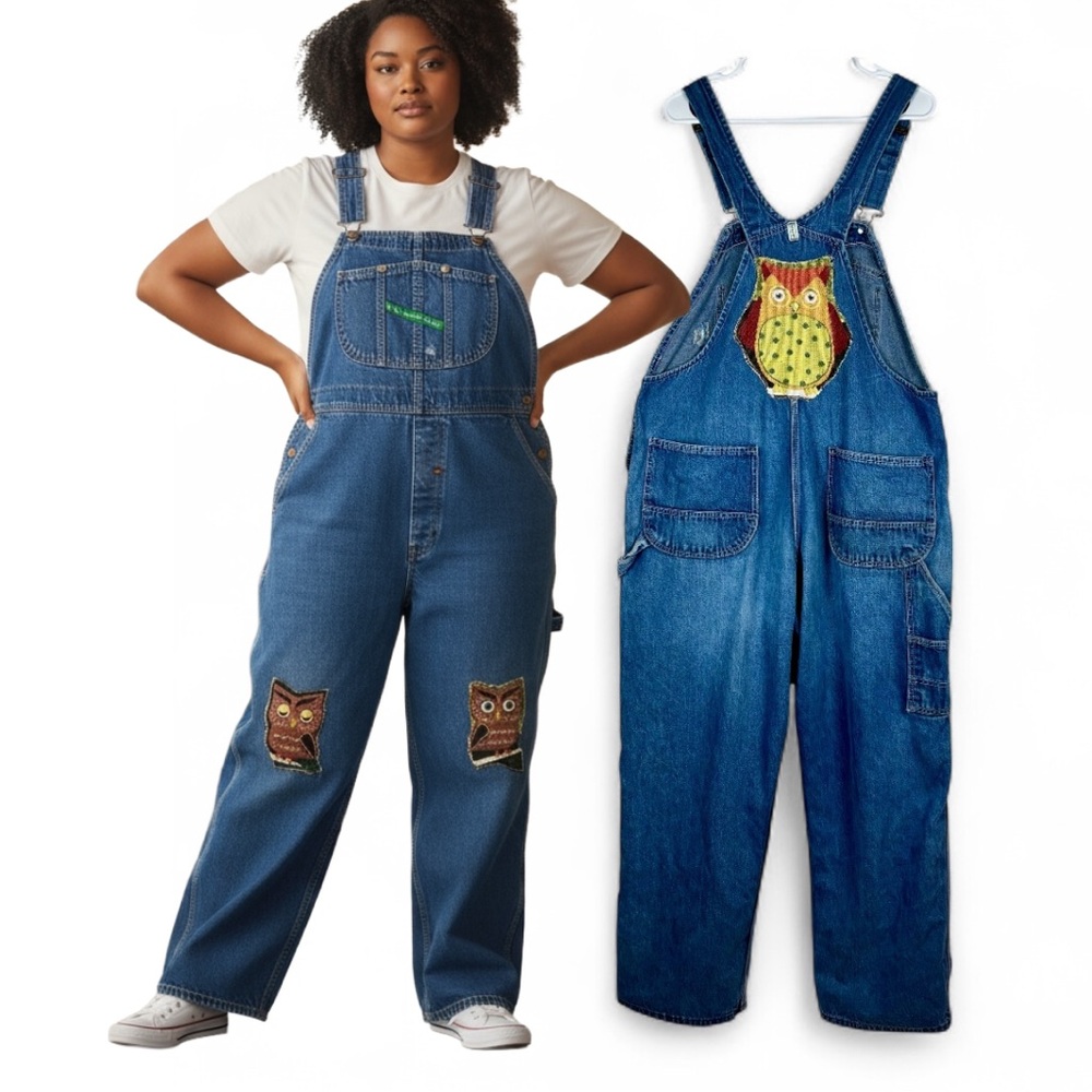 Key Denim Overalls 42”x30” Vintage with‎ Hand Crafted Owl Appliqué
